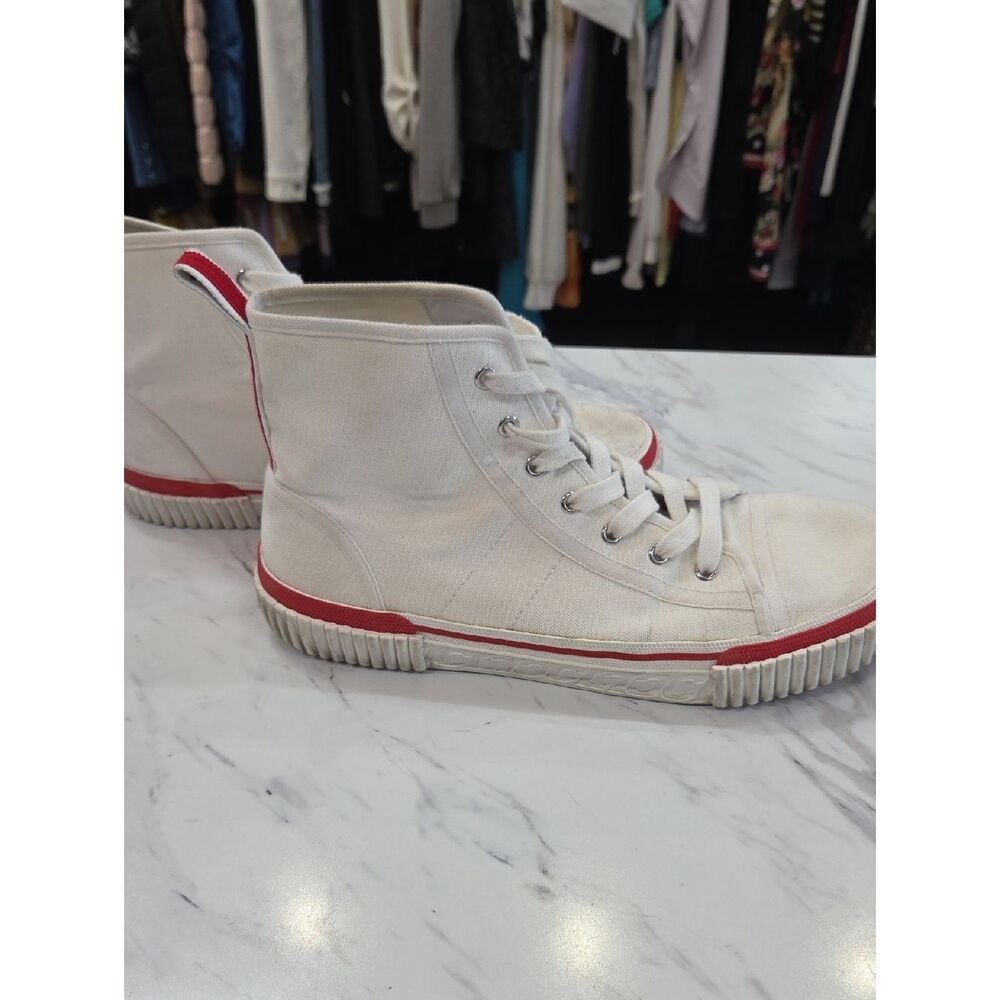 Christian Louboutin White Canvas High-Top Sneakers with Red Trim